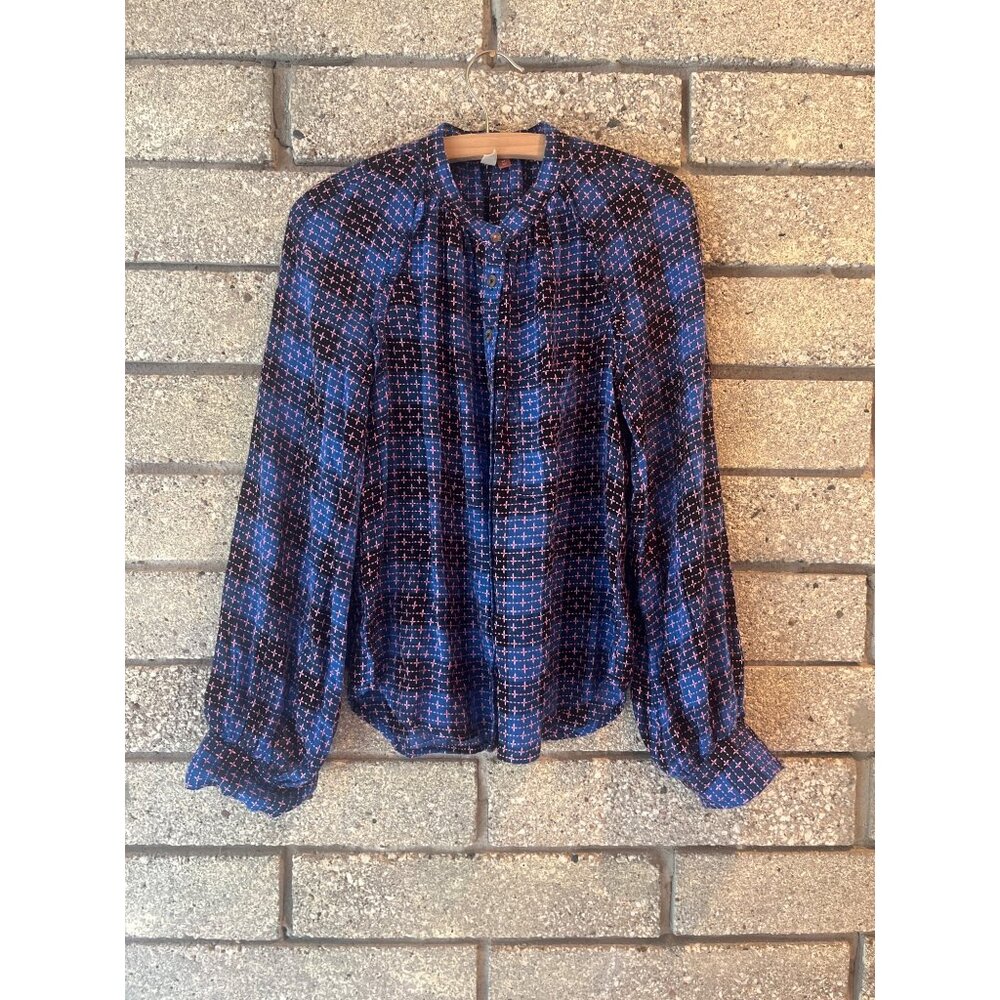 Pilcro XS Made In India Blue & Pink Plaid Button-Up Long Sleeve Blouse